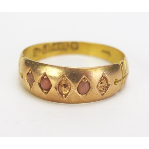 285 - A Selection of Worn Gold Rings _ 22ct c.2.38g, Victorian 15ct and coral ring size M Chester 1890 two... 