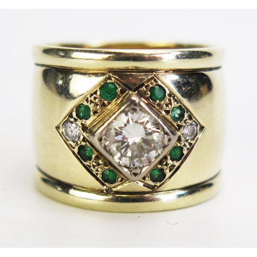 359 - A 9ct Gold, Diamond and Emerald dress Ring, 16mm wide shank, size P, c. 10.3g. Sold together with As... 