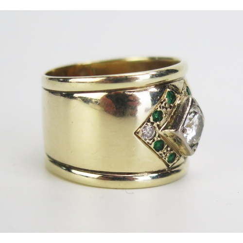 359 - A 9ct Gold, Diamond and Emerald dress Ring, 16mm wide shank, size P, c. 10.3g. Sold together with As... 