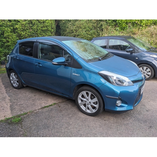 A Toyota Yaris Hybrid Electric Car. Registration No. WF63 UBA. 1497CC, Automatic, Panoramic sun roof, Turquoise metallic paint, half leather interior, 24,570 miles. First registered 30 September 2013. MOT valid until 14th August 2024 (with just two front tyre advisories). V5 Present, large quantity of Toyota service receipts one owner since new, deceased estate, solicitors instructions