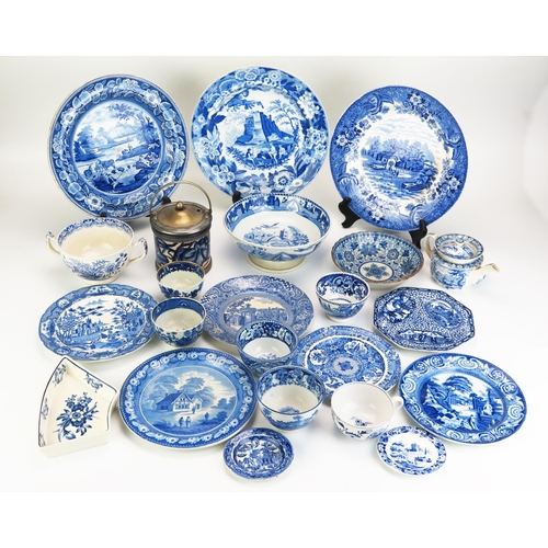 1005 - A collection of blue and white transfer print wares, including plates, tea bowls, tea pot, preserve ... 