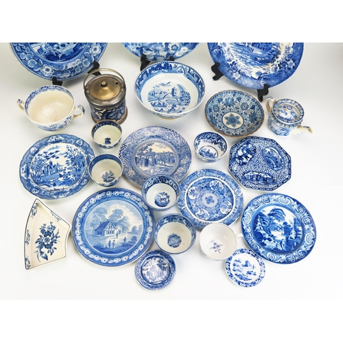 1005 - A collection of blue and white transfer print wares, including plates, tea bowls, tea pot, preserve ... 