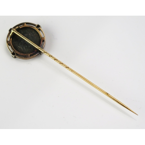 101 - An Unmarked Precious Yellow Metal, Rose Cut Diamond Stick Pin set with a Greek? silver coin, 6.52g