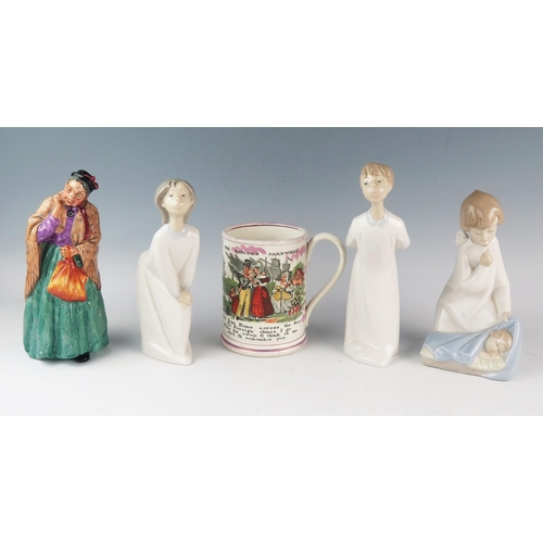 1020 - A Doulton figure, HN2070 Bridget, three Lladro figures and a 19th century lustre ware mug 'The Sailo... 