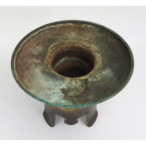 1065 - An Antique Chinese Bronze Spittoon of two parts, the base with a pierced floral scroll neck and pier... 