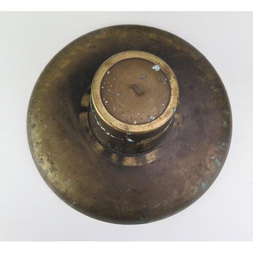 1065 - An Antique Chinese Bronze Spittoon of two parts, the base with a pierced floral scroll neck and pier... 