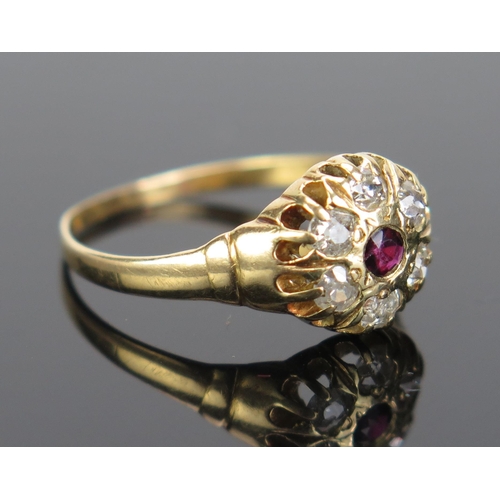 107 - An Antique 18ct Gold, Ruby and Diamond Cluster Ring, 10mm head, rubbed hallmarks, size Q.75, 3.06g. ... 