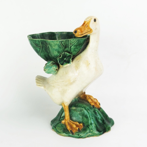 1071 - A Chinese pottery duck modelled with a water lily bowl to its back, 28cm high, impressed CHINA, firs... 