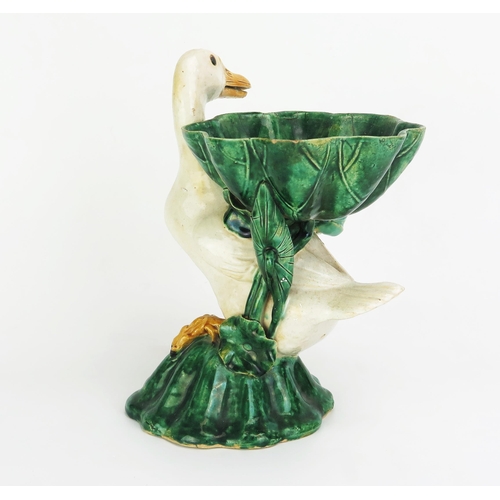 1071 - A Chinese pottery duck modelled with a water lily bowl to its back, 28cm high, impressed CHINA, firs... 