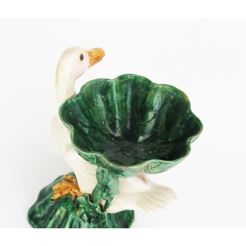 1071 - A Chinese pottery duck modelled with a water lily bowl to its back, 28cm high, impressed CHINA, firs... 