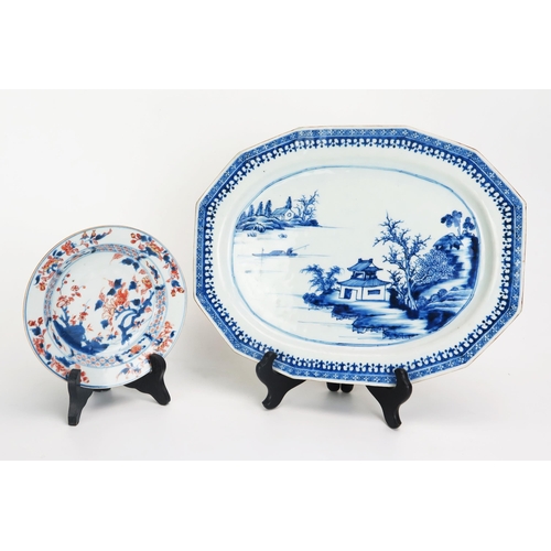 1084 - A Chinese blue and white dish of rectangular lozenge design decorated with riverside scene 32cm wide... 