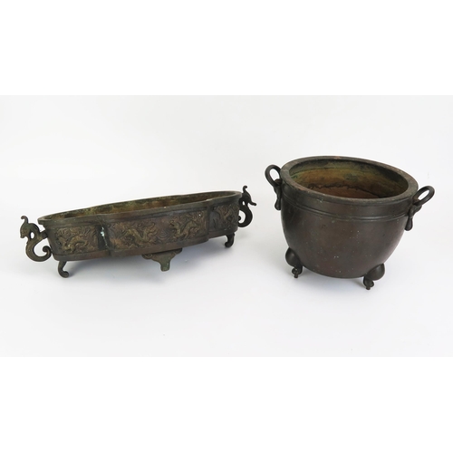 1089 - A Chinese Bronze Two Handled Jardinière (15cm high x 22cm wide to handles) and a planter (36cm. One ... 