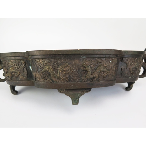 1089 - A Chinese Bronze Two Handled Jardinière (15cm high x 22cm wide to handles) and a planter (36cm. One ... 