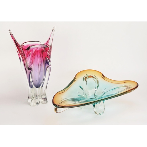 1099 - After a design by Josef Hospodke, an art glass cats head ear vase, in mauve and purple, 38cm high an... 