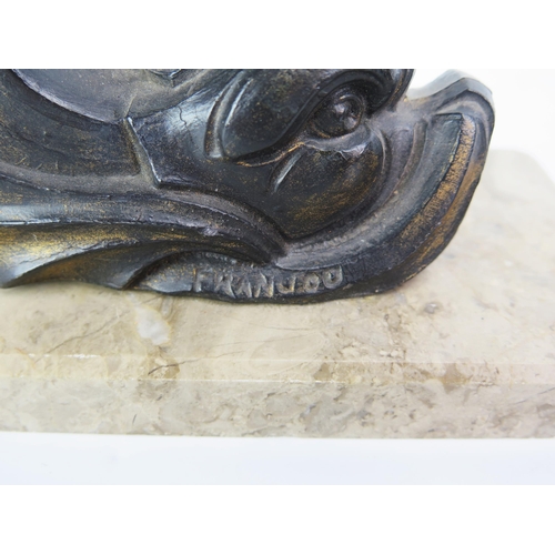 1103 - A pair of bronzed metal bookends, modelled in the form of dolphins, mounted on rectangular polished ... 