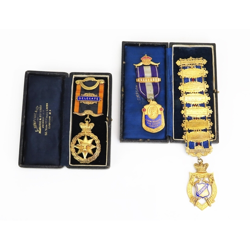 1107 - Two silver gilt and one gilt metal jewels for the Royal Antediluvian Order of Buffalos, cased.