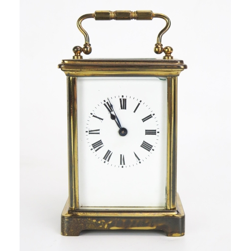 1115 - A French lacquered brass carriage timepiece, with lever platform escapement, having an 8cm Roman num... 