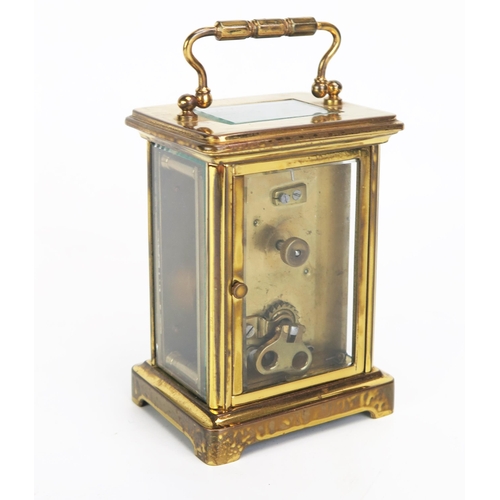 1115 - A French lacquered brass carriage timepiece, with lever platform escapement, having an 8cm Roman num... 