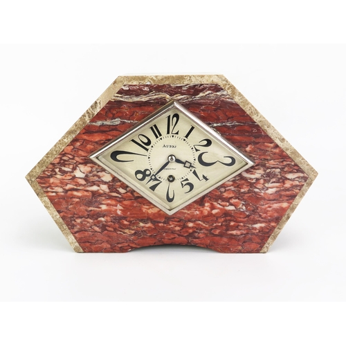 1116 - Aubry, an Art Deco period polished marble mantel timepiece, of angular form, with 16cm Arabic, lozen... 