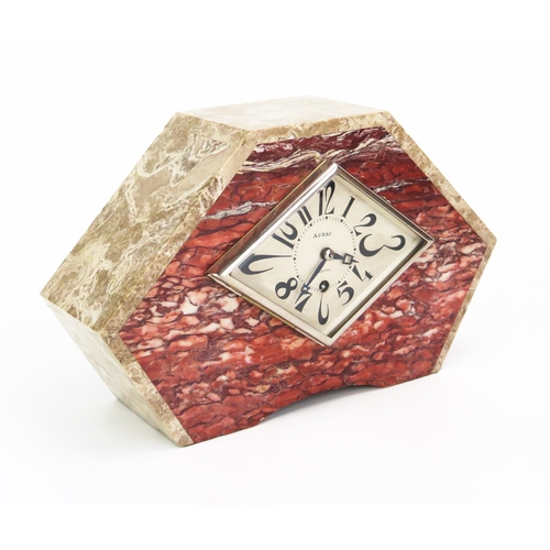 1116 - Aubry, an Art Deco period polished marble mantel timepiece, of angular form, with 16cm Arabic, lozen... 