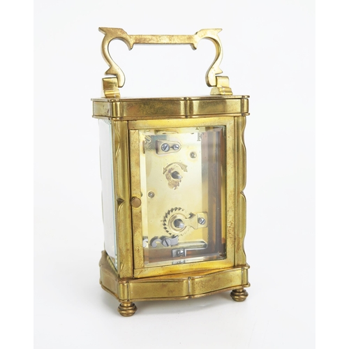 1117 - A French lacquered brass carriage timepiece, with lever platform escapement with 4.5cm silvered Arab... 