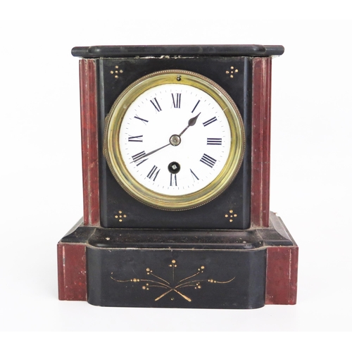 1118 - A Victorian polished slate and marble mantel timepiece, of rectangular outline with 9cm enamel Roman... 