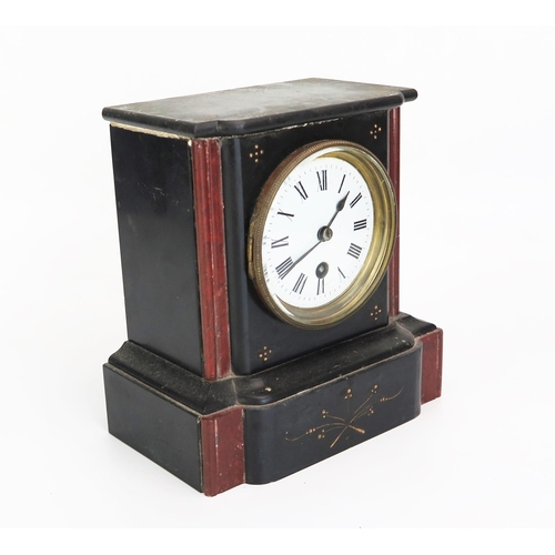 1118 - A Victorian polished slate and marble mantel timepiece, of rectangular outline with 9cm enamel Roman... 