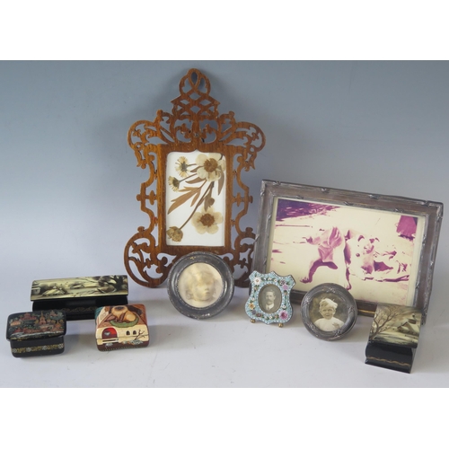 1182 - Four late 20th century Russian lacquered boxes, a Micromosaic photograph frame, two silver photograp... 