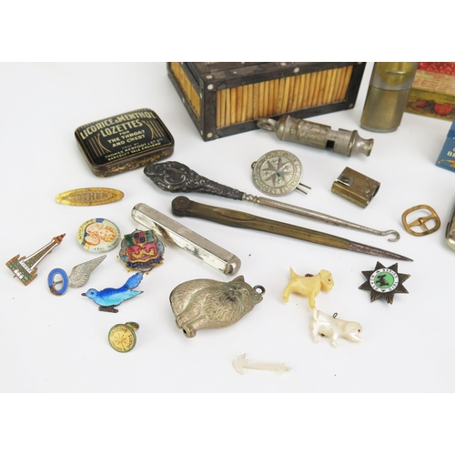 1188 - A Selection of Oddments including a porcupine quill box, referee whistle, Huntley & Palmers breakfas... 