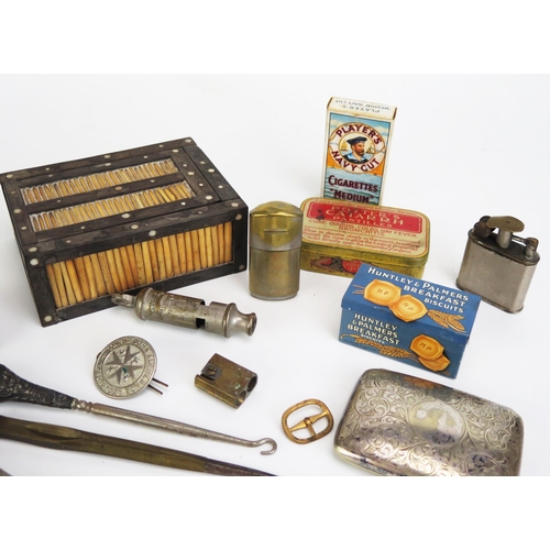 1188 - A Selection of Oddments including a porcupine quill box, referee whistle, Huntley & Palmers breakfas... 