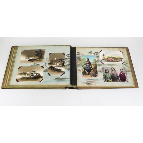 1190 - An Antique Japanese Postcard Album and contents of fifty four cards. The album with bone and MOP inl... 