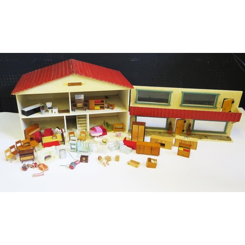 1269 - Vintage 1970's Dolls House with period furniture & accessories including Spot-on Lawn Roller