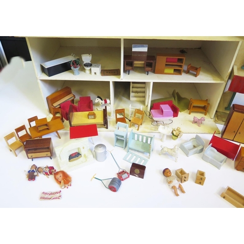 1269 - Vintage 1970's Dolls House with period furniture & accessories including Spot-on Lawn Roller