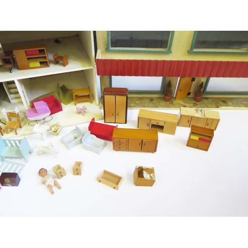 1269 - Vintage 1970's Dolls House with period furniture & accessories including Spot-on Lawn Roller