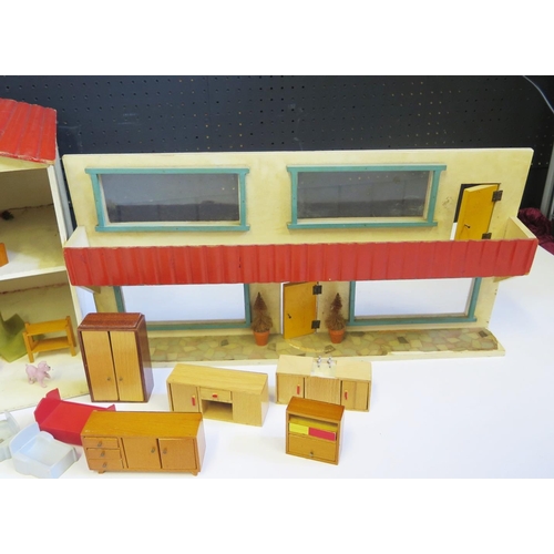 1269 - Vintage 1970's Dolls House with period furniture & accessories including Spot-on Lawn Roller