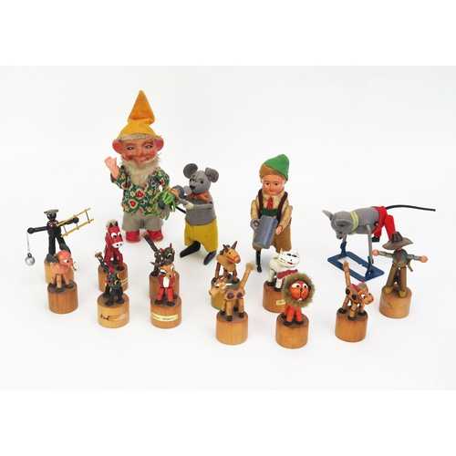 Collection of 1950's/60's Toys - 3 Schuco Clockwork models including Boy with Tankard with tinplate face, gymnast mouse, dancing mouse with tinplate baby mouse, US Zone made clockwork dancing gnome (all working) and several push puppets