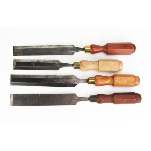 1296 - 3 Large Beveled Paring Chisels by W. Marples & Sons and E.A. Bell & Sons and another non-beveled als... 