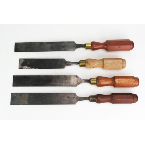 1296 - 3 Large Beveled Paring Chisels by W. Marples & Sons and E.A. Bell & Sons and another non-beveled als... 