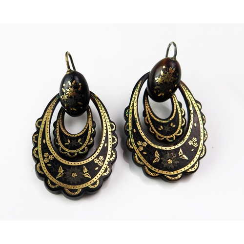 130 - A Pair of 19th Century Tortoiseshell Piqué Work Pendant Earrings, 49.5mm drop, 7.42g