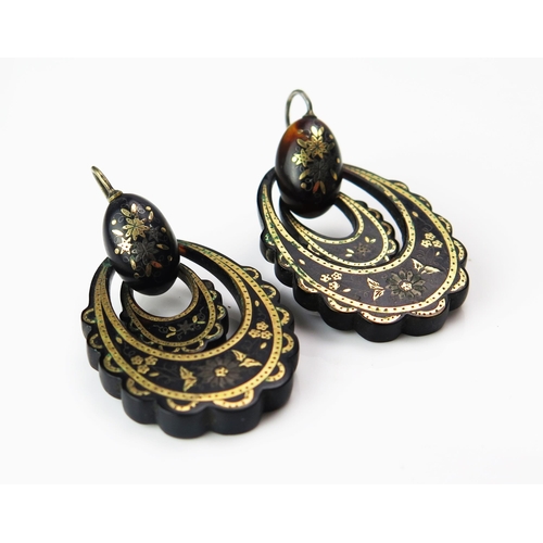 130 - A Pair of 19th Century Tortoiseshell Piqué Work Pendant Earrings, 49.5mm drop, 7.42g