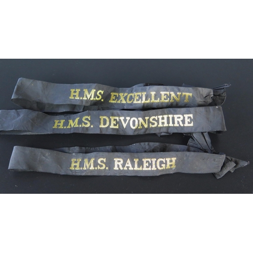 1304 - Three Royal Navy tally bands, HMS Raleigh, HMS Devonshire and HMS Excellent.