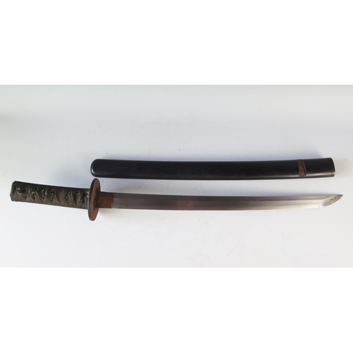 1308 - A Japanese wakizashi, with 45cm single edged blade, having a circular iron tsuba, with ray skin and ... 