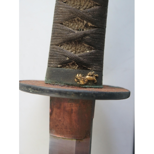 1308 - A Japanese wakizashi, with 45cm single edged blade, having a circular iron tsuba, with ray skin and ... 