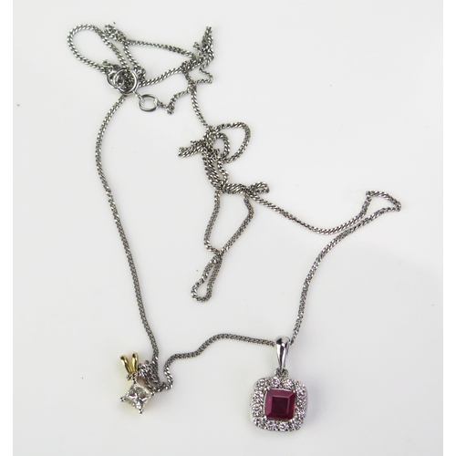 131 - A Platinum, Ruby and Diamond Pendant on a 9ct white gold chain and with a princess cut diamond penda... 