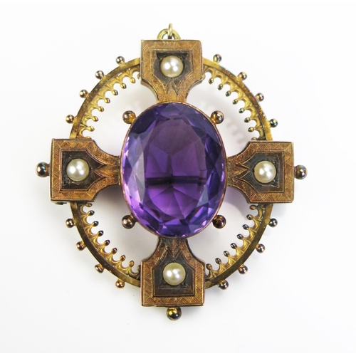 133 - An Amethyst and untested Pearl Brooch with retractable pendant mount and in a precious yellow metal ... 