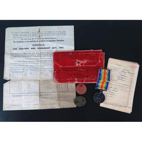 1332 - World War One War Medal to 1826 Sjt. J. Connor. Ches. R. together with discharge paper, and identity... 