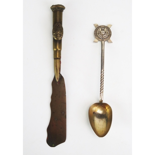 1342 - A Trench Art Bullet Butter Knife and a Shanghai Scottish silver spoon