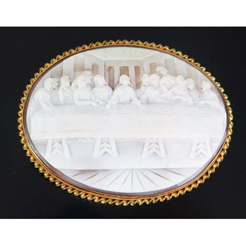 136 - A Large Shell Cameo Brooch depicting the Last Supper and in a 9ct gold mount, 70x55mm, hallmarked, 2... 