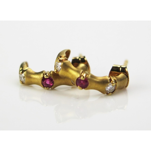 137 - A Pair of 18ct Brushed Gold, Ruby and Diamond Earrings (hallmarked, c. 13mm drop, 1.41g) and a pair ... 