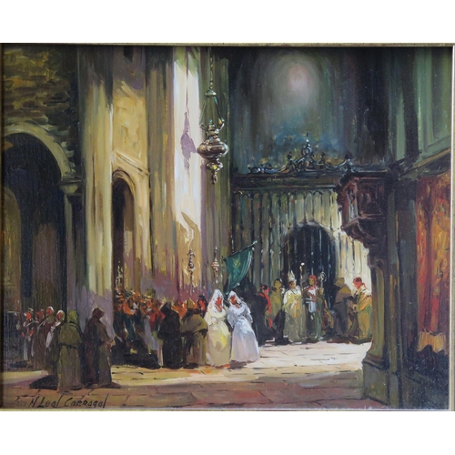 1374 - N. Leaf Carragal? 'Cathedral interior with wedding procession', oil on canvas, signed, undated, 20 x... 